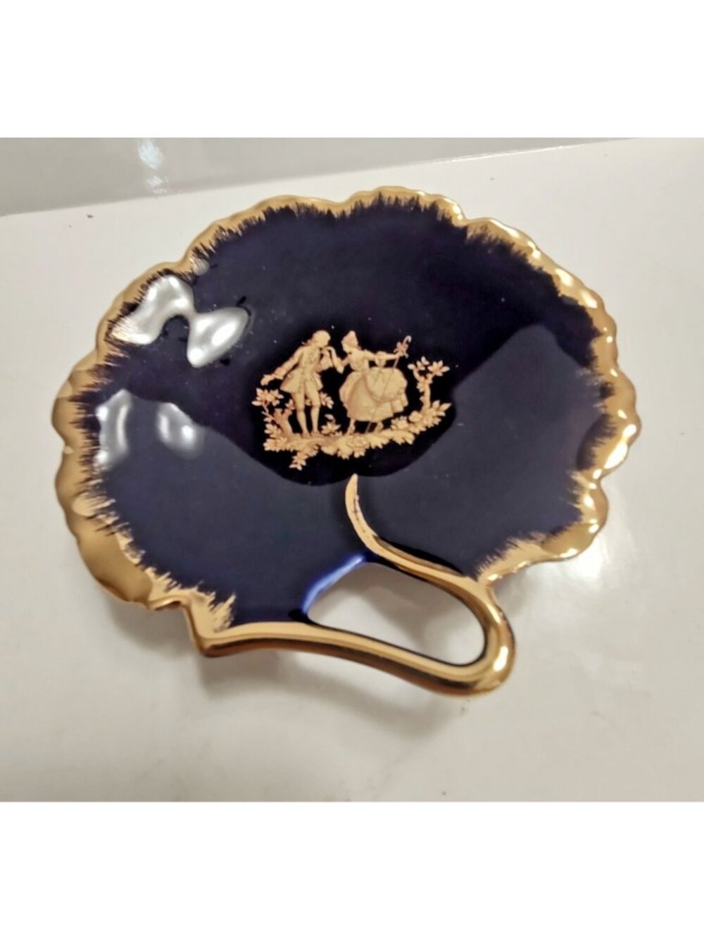 Vintage Limoges France Pin/Trinket Dish Coblat Blue, leaf shape 24K gild